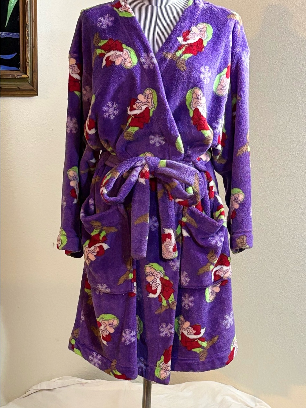 Disney Purple Plush Fleece Robe with Snow White Grumpy Dwarf Print